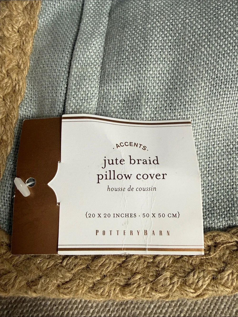 Light Blue Linen Throw Pillow Cover with Braided Tan Trim